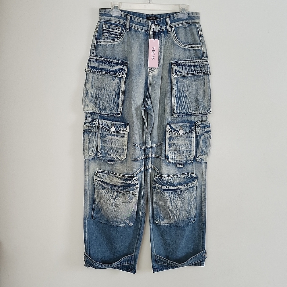 Micas Cargo Jeans with Multiple Cargo Flap Pockets Stretch Light Wash Large